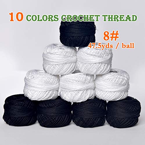 Colored BIRDCrochet Thread, Size 8 Crochet Yarn，2 Ply Cotton Yarn, 10 Balls (White&Black) - color: White&black