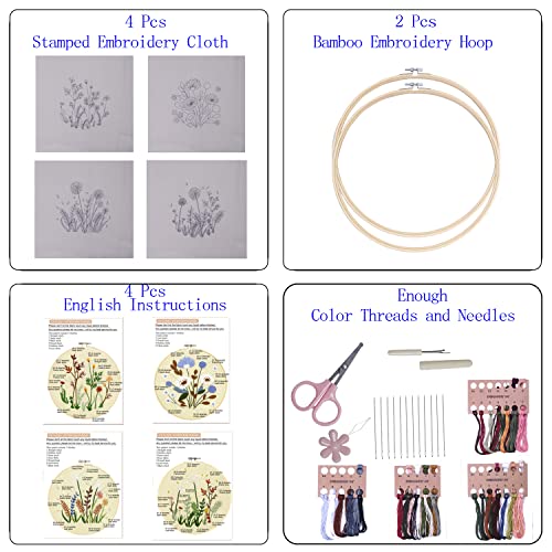 Bonroy 4 Sets Embroidery Set for Beginners, Art Craft, Easy Sewing Embroidery Kit Includes Embroidered Clothes with Patterns, Embroidery Hoops, Instruction Manual, Colorful Stitch Set (2 Most) - color: flowers 2