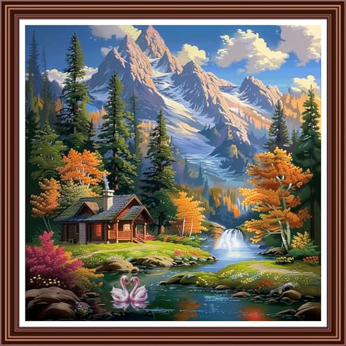 Dimensean Counted Cross Stitch Kit for Beginners, 11CT Unprinted Cross-Stitch Kit Easy Patterns Needlepoint Kit Cross Stitching Embroidery Kit Supplies-Home Under the Snow Mountain 18x18 inch - color: ColornNEW22