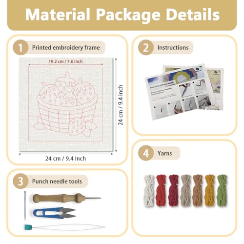 Doodlream Strawberries DIY Punch Needle Embroidery Kit for Adult Beginner, 9.4" A Basket of Strawberries Punch Stitching Craft Set for Starter with Frame, Fabric Pattern, Threader, Yarn, Pinch Needle - color: Strawberries