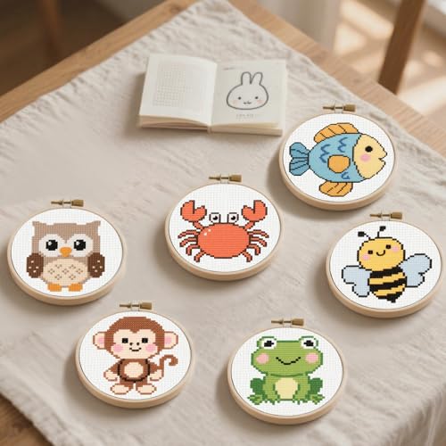 57lilina Cross Stitch Kits for Kids, 6 Set Easy Beginner Embroidery Pattern - color: Owl+ Monkey+ Fish+ Frog+ Crab+ Bee