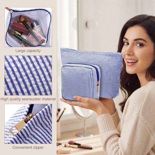Sanwuta 4 Pcs Seersucker Pouch Striped Makeup Bag Set, Navy Blue - color: Navy Blue