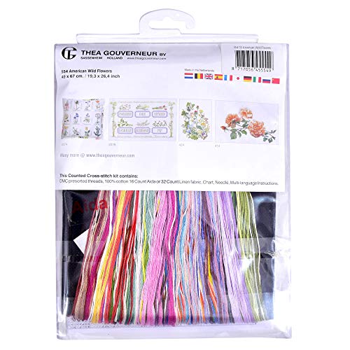 Thea Gouverneur - Counted Cross Stitch Kit - American Wild Flowers - Aida Black - 16 Count - Embroidery Kit for Adults - DMC Embroidery Threads and Other Cross Stitch Supplies Included - 554.05 - color: 554.05 Aida Black