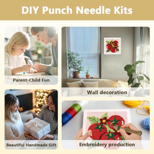 Doodlream Fresh Tomato Needle Kit for Beginner, 9.4"x 9.4" Color Vegetable Punch Stitching Craft Set, DIY Embroidery Starter with Printed Frame, Instruction, Threader, Yarn, Pinch Needle - color: Tomato
