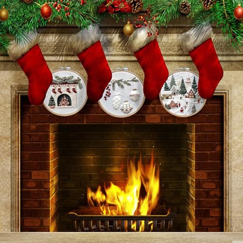 EOBTAIN 3 Pcs Christmas Embroidery Kit for Beginners,Winter Christmas Village Embroidery Starter Kit Green Xmas Tree Fireplace Stamped Patterns with Hoop,Thread,Needles,Hand DIY Craft Kits for Adults - color: White