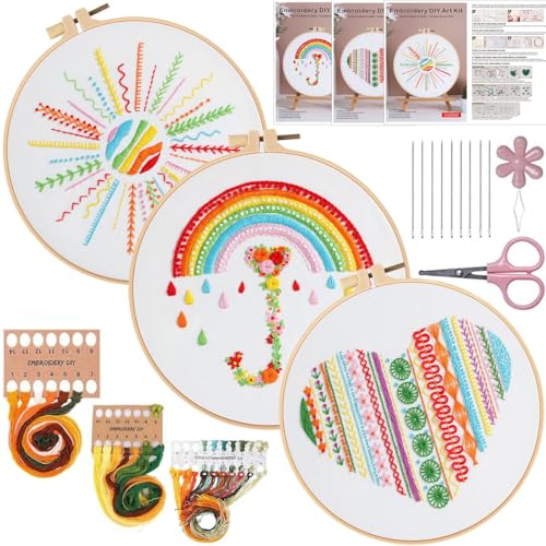 Konrisa Easy Embroidery Kit for Beginners Stamped Embroidery Starter Kit DIY Sewing Needlepoint Cross Stitch for Adults, Stitch Practice Kit 3 Embroidery Fabric Pattern - color: 3set lines