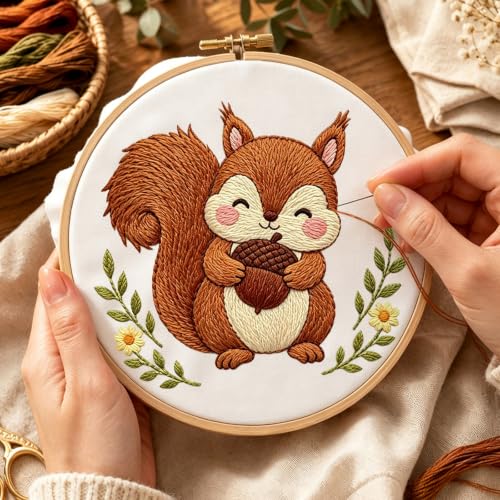 Nuberlic Embroidery Kit for Beginners Stamped Squirrel Needlepoint - color: Squirrel