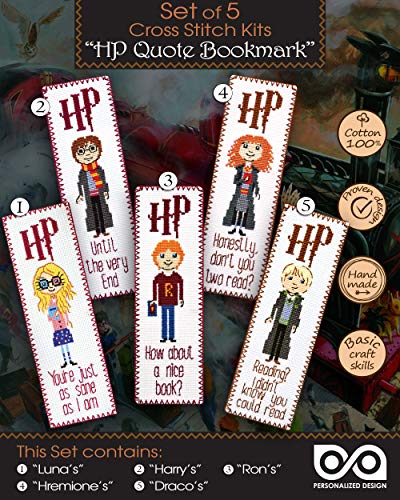 Personalized.Design Embroidery Kits for Kids 'HP Quotes' - Set of 5 DIY Bookmarks with Counted Cross-Stitching Patterns - color: 5-in-1