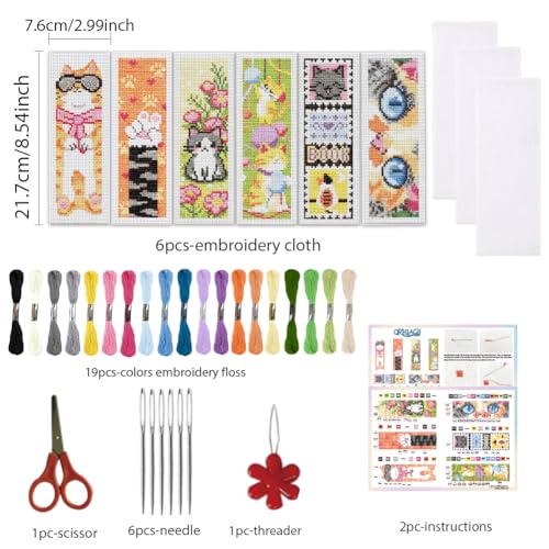 ORIGACH 6 Set Cute Cat Cross Stitch Bookmark Kit for Beginner - style: Cat