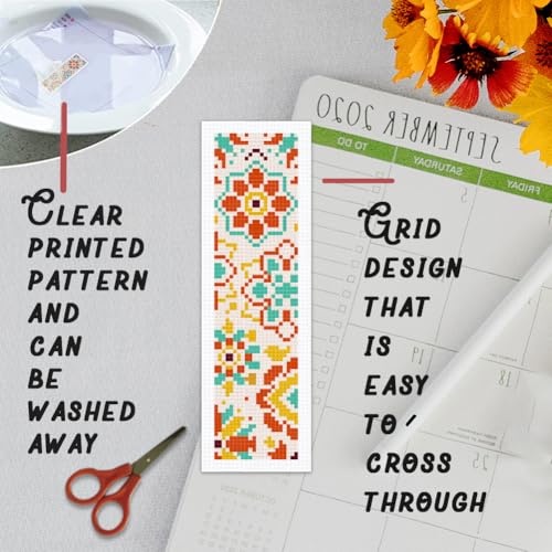 BEUNITONE 6 Pcs Mandala Cross Stitch Bookmark Kits for Beginners DIY Stamped Embroidery Bookmark Kit Colorful Floral Punch Needle Set with Instructions Craft Kit for Book Lover Gifts 8''x2.4'' - style: Small Mandala Pattern