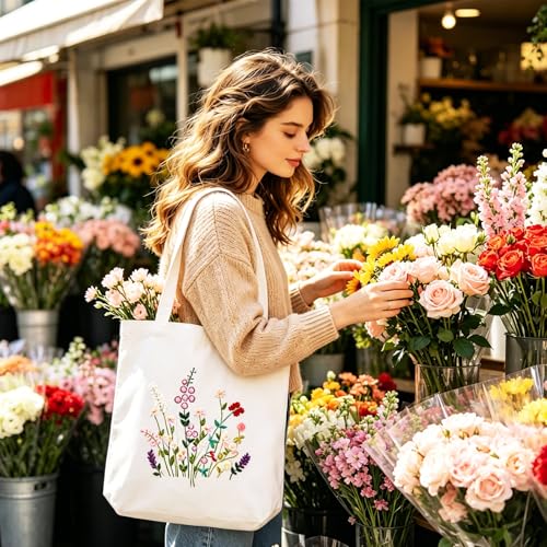 Vigdit Canvas Tote Bag Embroidery Kit for Beginners, Needlepoint Cross Stitch Kit for Adult Beginner, DIY Reusable Grocery Bags Embroidery Starter Kit with Stamped Floral Tools & Instructions - color: Flower4