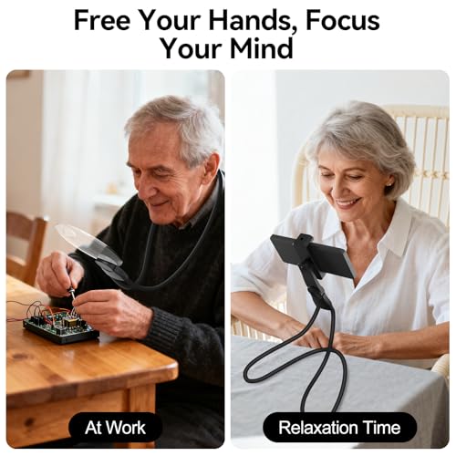 2 in 1 Hands Free Magnifying Glass, Desktop Cell Phone Stand, 10X 20X Magnifying Glass for Reading, Flexible Lazy Bracket DIY Free Rotating on Table, for Sewing, Cross-Stitching