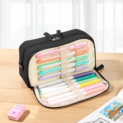 Sooez Big Capacity Pencil Case Pen Pouch, Soft Corduroy Pencil Bag - color: Black
