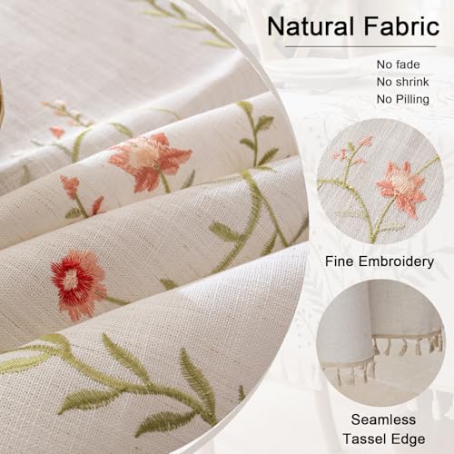 Joyfol Day Linen Waterproof Round Tablecloth with Tassels, Rustic Farmhouse Flowers Embroidery Table Cloths for Round Tables, Heavy Weight Spill-Proof Table Covers, Pink Florals, 55 inch - color: Pink Florals, size: 55" (Round)