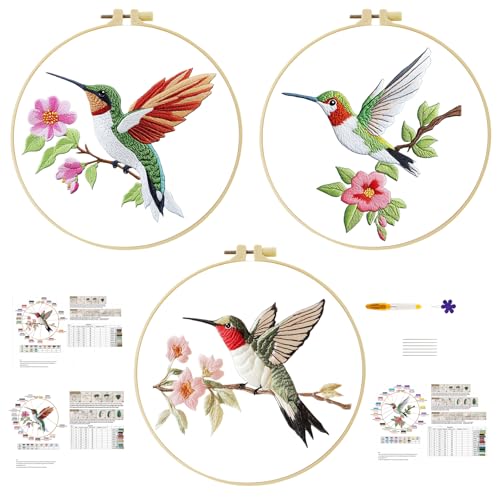 57lilina Embroidery Kit for Beginners, Pack of 3 with Hoop, Threads, Needle - color: Hummingbird
