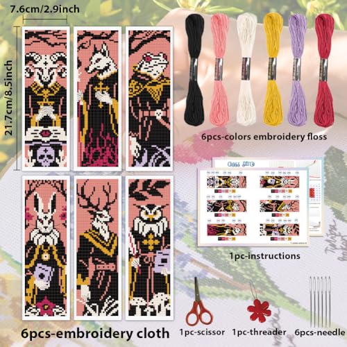 ACRNIGHEET 6PCS Cross Stitch Bookmark Kit for Beginner Stamped Cross Stitch Kits for Adults Gothic Animals DIY Embroidery Bookmark Kits Needlepoint Kit with Instructions Hand Craft Gift 8.5''x3'' 11CT - style: Gothic Animals Patterns