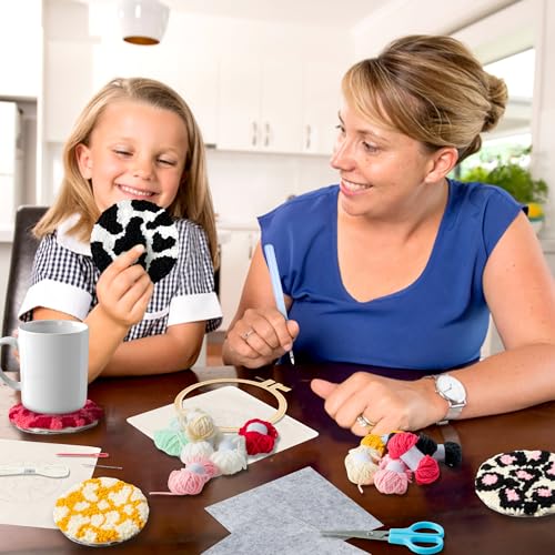 WATINC Spotted Punch Needle Coaster Kit - 22Pcs Crafts Punch Needle Coasters Kits for Beginners, 6 Colors Spotted Coaster Tufted Rug Pads with Adhesive Felt Yarns Embroidery Hoop Instruction