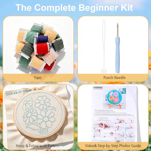 LACHLAND Punch Needle Kit for Beginners, Dasiy Punch Embroidery DIY Craft Supplies with Hoop Yarn & Tool Handmade Wall Art Gift for Adults Teens Seniors Hobby - color: Flower