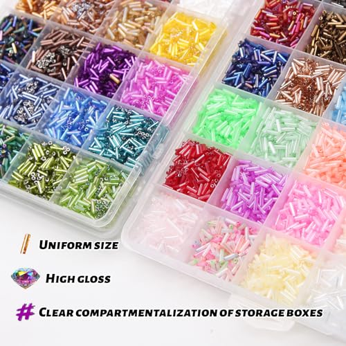 JOJOPLAY Tube Seed Beads Crafts Glass Bugle Beads Embroidery Beads 7mm with Beads Needle Crystal String for Jewelry Embroidery Making (48 Colors)