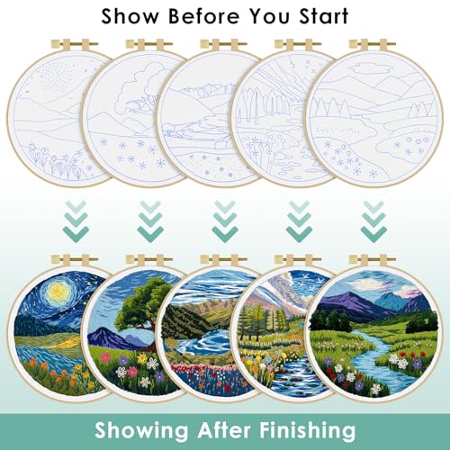 ERKOON 5 Sets Embroidery Kit for Beginners Adult Landscapes Cross Stitch - color: Landscapes