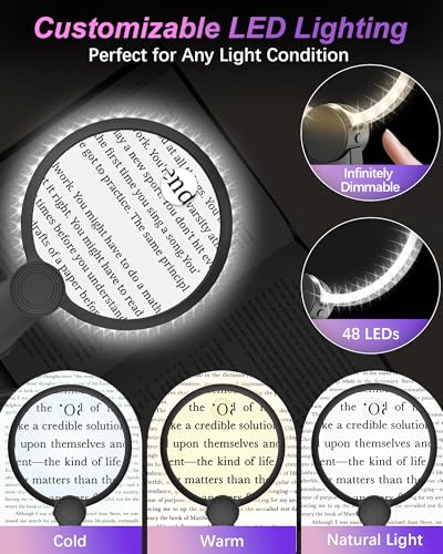 5X 15X Hands Free Magnifying Glass with Light for Reading 3 Color 48 LEDs, Neck Wear Magnifier with Light Hands Free for Reading Books, Crafts, Cross Stitch, Sewing, Close Work, Seniors, Low Vision