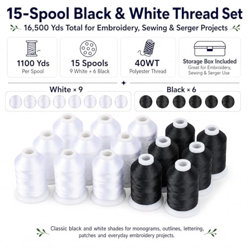 Simthread 15-Color Polyester Machine Embroidery Thread Set, 9W 6B - color: 15BW colors