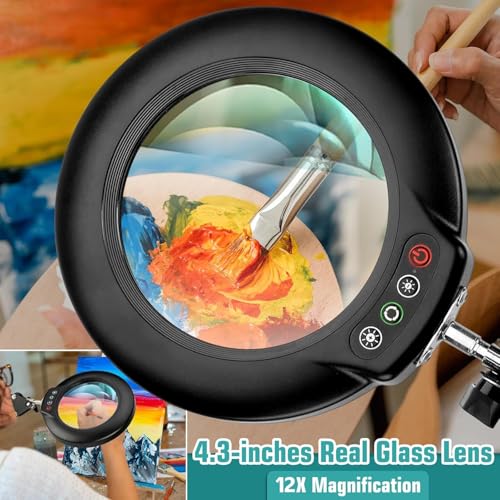 12X Magnifying Glass with Light and Stand, Real Glass Lens (Not Acrylic), 5 Color Modes, Stepless Dimmable, LED 3-in-1 Floor Lamp, Swing Arm with Clamp, Lighted Magnifier Hands Free for Craft, Reading - color: Black