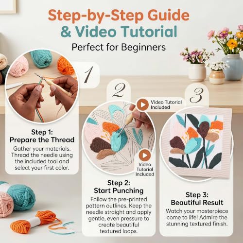 Embroidery Punch Needle kit Frame, Embroidery Starter Kits for Beginner,Punch Needle Fabric with Pattern,Threader, Yarns,Embroidery Hoops & Rug Punch (White) - color: White