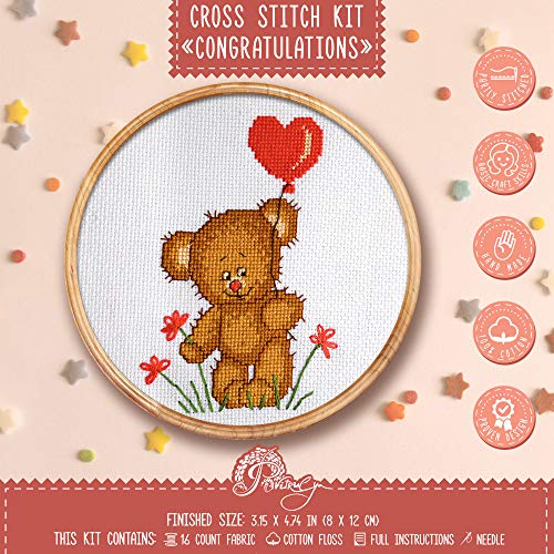 Povitrulya Cross Stitch Kit for Baby Boy “Congratulations!” - Teddy Bear Embroidery Set fors - color: Congratulations!