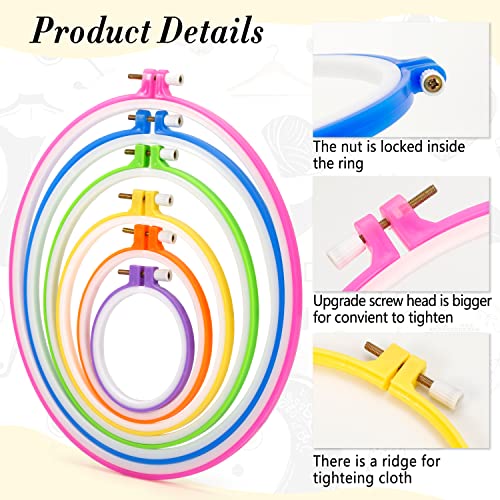 Pllieay 6 Pieces Plastic Embroidery Hoops Set and 16 Pieces Needles - style: Circle - 3.4", 4.7", 6", 7.67", 9", 10.2"
