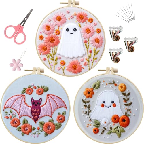 LB Pink Halloween Embroidery Kit for Beginners Adults, 3 Sets Hand Embroidery Starter Kit with Ghost Pattern and Instructions Stamped Cross Stitch Kits Include Embroidery Hoop Needles Threads Scissors - color: Pink White