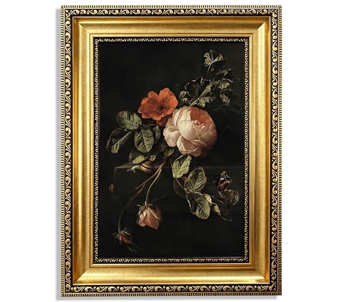 Vintage Gold Framed Moody Floral Wall Art,Dark Rose Still Life Canvas Print - color: Floral Gold Framed, size: 16"L x 12"W