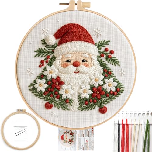 FONNUY Cute Christmas Embroidery Kit for Beginners, Festive Winter Pre-Printed Pattern & Supplies Set for Adults, DIY Handmade Needlepoint Kits Wall Art, 8'' Hoop (Santa Claus) - color: Santa Claus