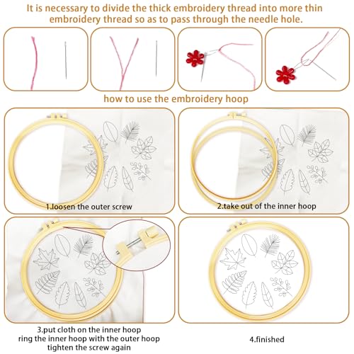 BEUNITONE 6 Pack Beginner Embroidery Kit for Adults, Simple Floral Plants Pre-Stamped Pattern Starter Needlepoint Kits with Hoops & Instruction, Hand Embroidery Kits for Fabric and Home Decor 7.9x7.9 - style: Simple Flowers