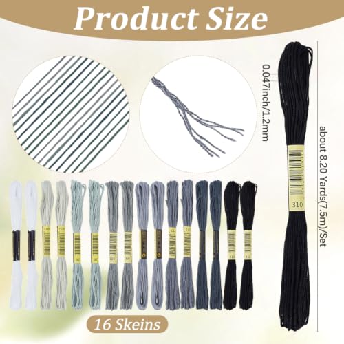 16 Skeins 131 Yards Multicolor Embroidery Thread Set 6 Ply 1.2mm Cotton Cross Stitch Embroidery Floss Friendship Bracelet String for Bracelet Making Knitting Stitching Sewing Crafts (Gray) - color: Gray-16 Skeins