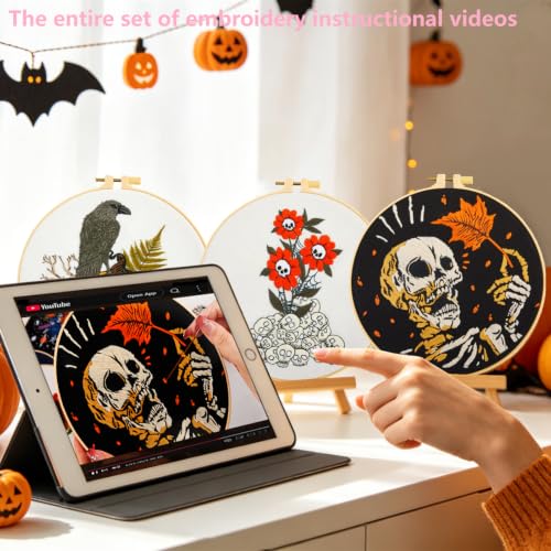 Gothic Halloween Embroidery Starter Kit for Beginners Adults, Stamped Cross Stitch Kit Needlepoint Kit for Beginner Adult, 3 Embroidery Hoop 3 Set Embroidery Supplies (Attached Teaching Video QR Code) - color: White