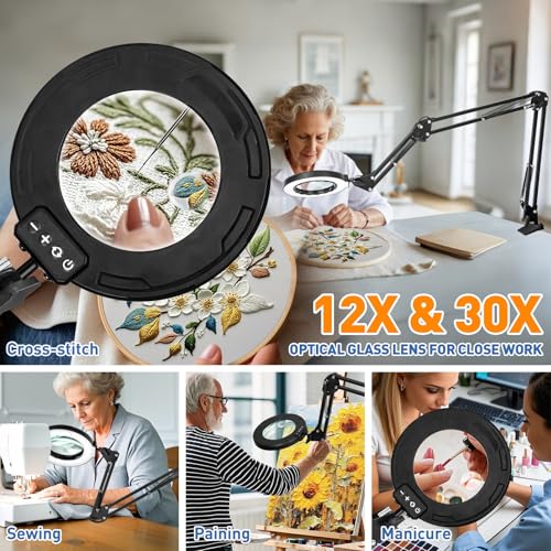 HITTI 30X & 12X Ultra Long Magnifying Glass with Light and Clamp - color: Black, size: 12X 30X