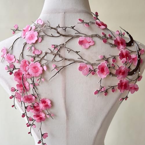 2pcs Iron on Plum Flower Applique Pink Color Embroidery Vine of Floral for Clothing,Costumes - color: Pink