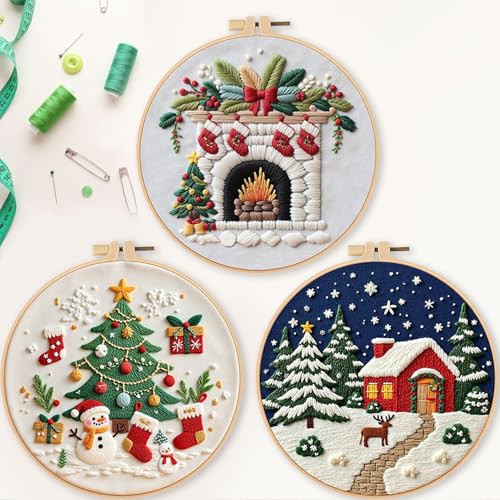LB Christmas Embroidery Kit for Beginners Adults, 3 Sets Hand Embroidery Starter Kit with Fireplace Pattern and Instructions Stamped Cross Stitch Kits Include Embroidery Hoop Needles Threads Scissors - color: Blue