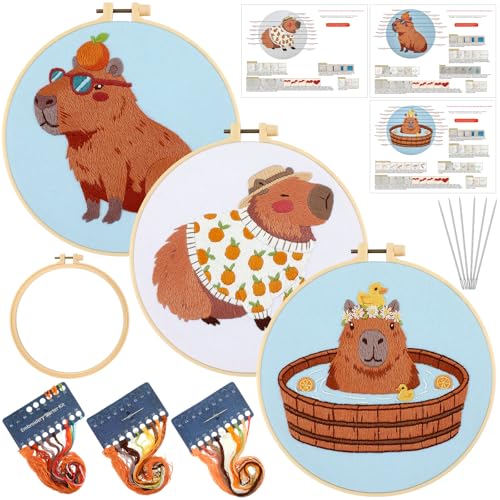 Mindsoft 3 Set Needlepoint Kit for Beginners with Hoop,Capybara - style: Capybara
