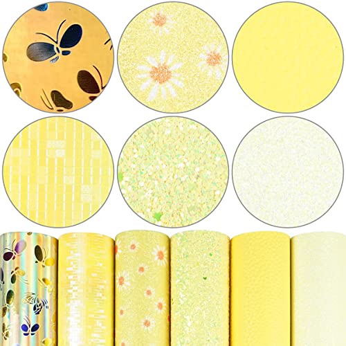 Litchi 6 Pack 8x12 Inch Faux Leather Sheets for Bow Earring, Easy to Cut Vinyl Fabric for Cricut, Durable Fade Resistant Leatherette Without Smell,Yellow Series - color: Yellowmix