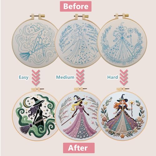 Embroidery Kit for Adults, Pre-Stamped Pattern Embroidery Kit for Beginners, Hand Needlepoint Starter Kit with Hoop Thread Needle Instruction, 7.9'' Hoop (Witch 3 Packs) - style: Witch 3 Packs