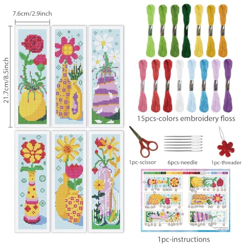 INFUNLY 6PCS/Set Flower Vase Cross Stitch Bookmark Kit 2.99x8.54 Rose Floral Handmade Cross Stitch Bookmarks DIY Embroidery Bookmarks for Readers with Instruction for Starter Adults Book Lovers - style: Flower Vase