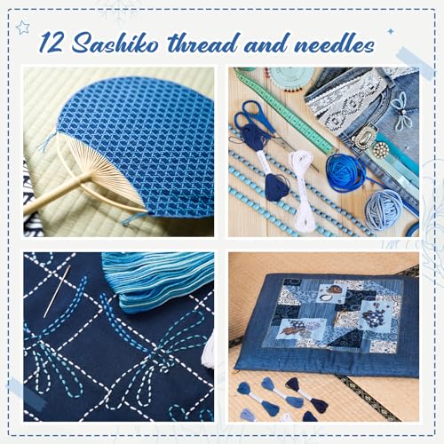 Zeyune 12 Pcs Sashiko Thread Kit with Needles, Blue, 100% Cotton 20m Each - color: Blue