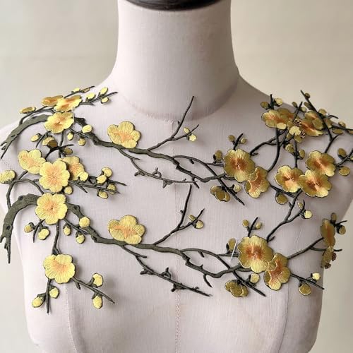 2pcs Iron on Plum Flower Applique Yellow Color Embroidery Vine of Floral for Clothing,Costumes - color: Yellow