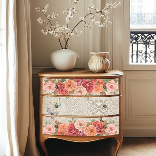 6 Sheets Roses Rub on Transfers for Furniture Large Vintage Floral Butterfly Rub on Transfer Sticker for Wood Furniture Decor Iod Transfers Stickers for Wood Dresser Glass Decals 6"x12" - style: Vintage French Flowers
