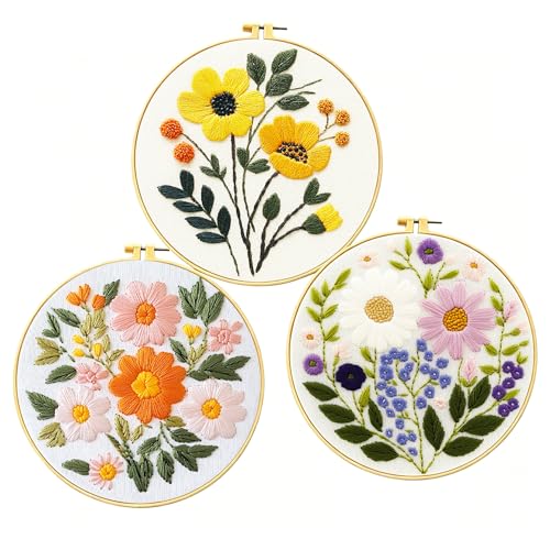 Zhenqing Floral Embroidery Kit for Beginners, 3 Patterns, 7.8in Hoop - color: Garden Bloom Trio Embroidery Kit