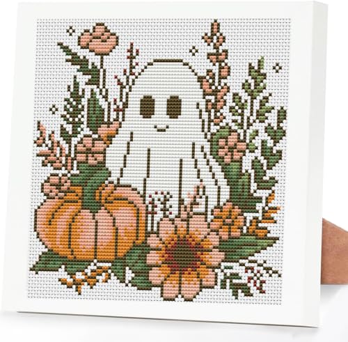 Ghost Flower Stamped Cross Stitch Kits for Adults Beginners with Frame - color: Ghost Pumpkin Cross Stitch with Frame