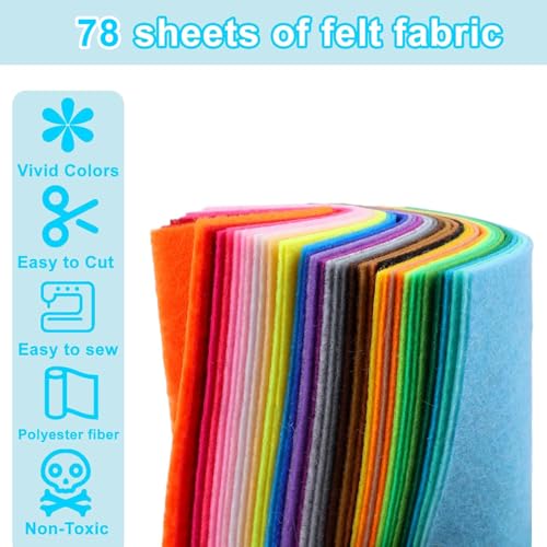 Phinus Felt, 78PCS Felt Sheets, Colourful of Felt Fabric Can Be Used for DIY, Sewing, Patchwork, Decoration (4" x 4")
