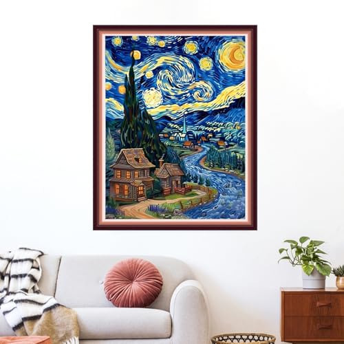 Funxvoot Stamped Cross Stitch Kits for Beginners or Adults Embroidery Starter Patterns | DIY Printed Cross Stitch Kits Needlepoint for Adults or Kids 11CT-Van Gogh Starry Sky Home 16x20 inch - color: color01